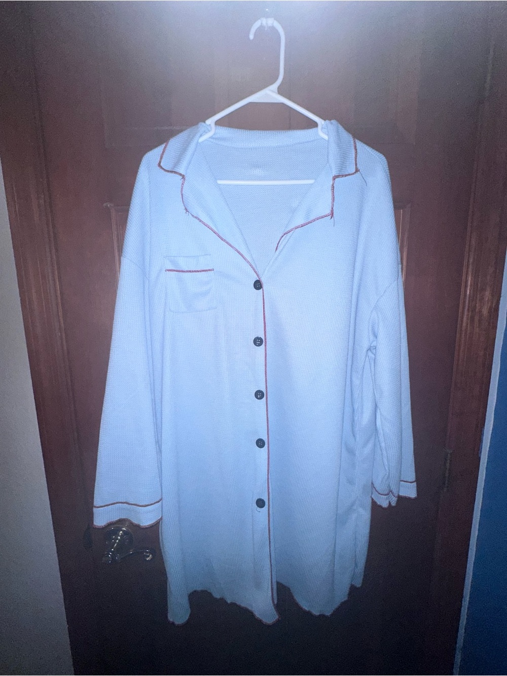SHEIN Light Blue Button-Front Long Sleep Shirt with Contrast Piping